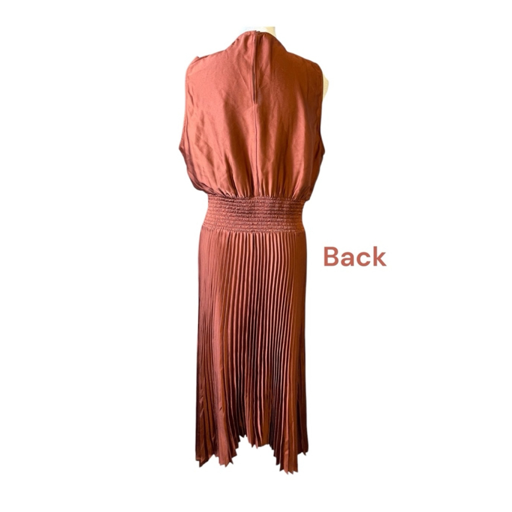 L Express burnt orange, rust, satin sleeveless,pleated skirt asymmetric hemline - Picture 5 of 8